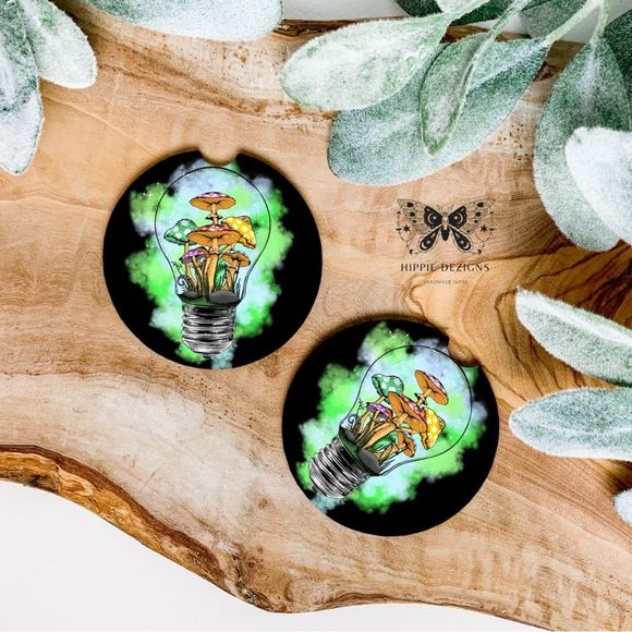 Mushroom Lightbulb Car Coaster Set | Mushroom Decor | Car Accessories - Picture 1 of 5